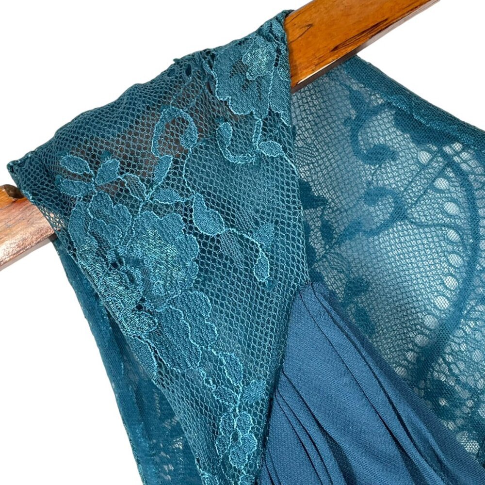 JJ's House Teal Chiffon Maxi Dress Lace Back Pleated Formal Gown Small - Picture 6 of 14